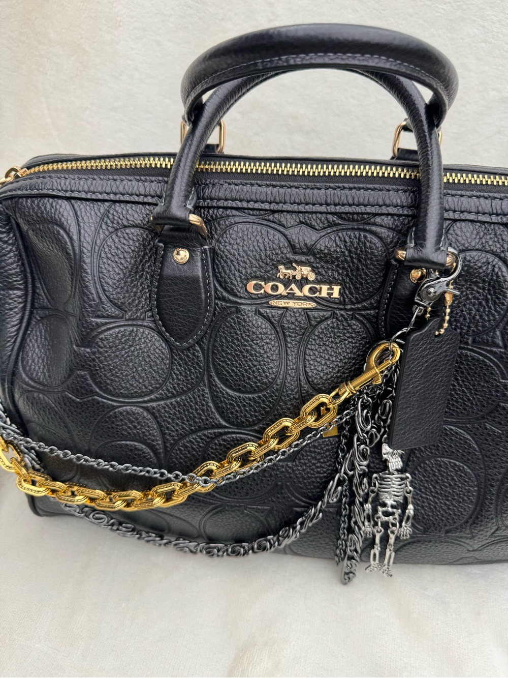 Coach Black Embossed Pebbled Leather Satchel with Mixed Metal Chains - Picture 2 of 10